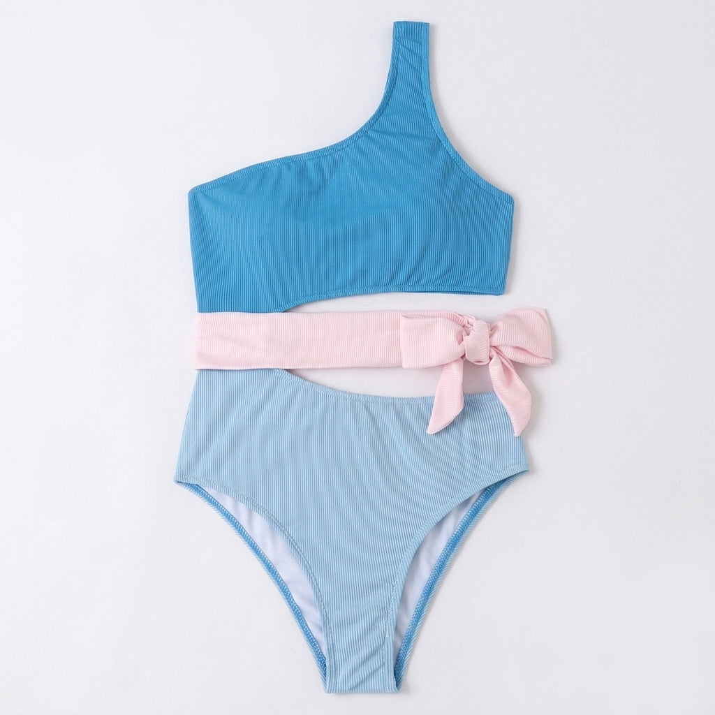 Dam tvådelad baddräkt med enaxlad topp och ribbad textur-Swimwear for women-Fjallbarn