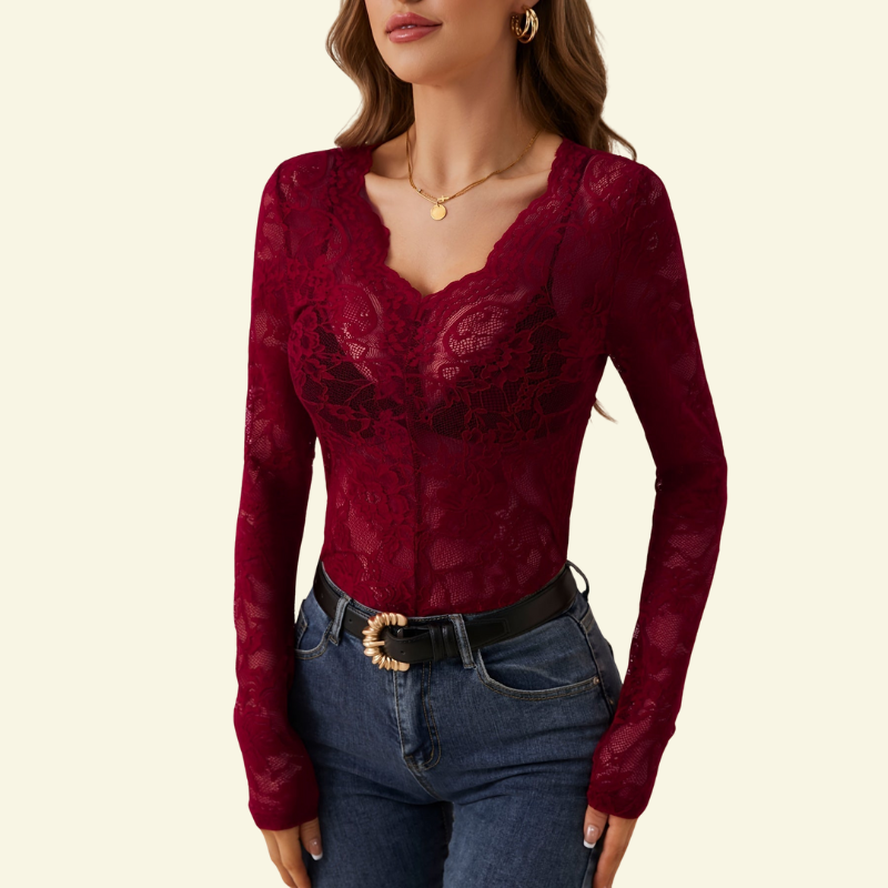 Damblus i spets med långa ärmar och V-ringning med vågig kant-Blouse for women-Fjallbarn