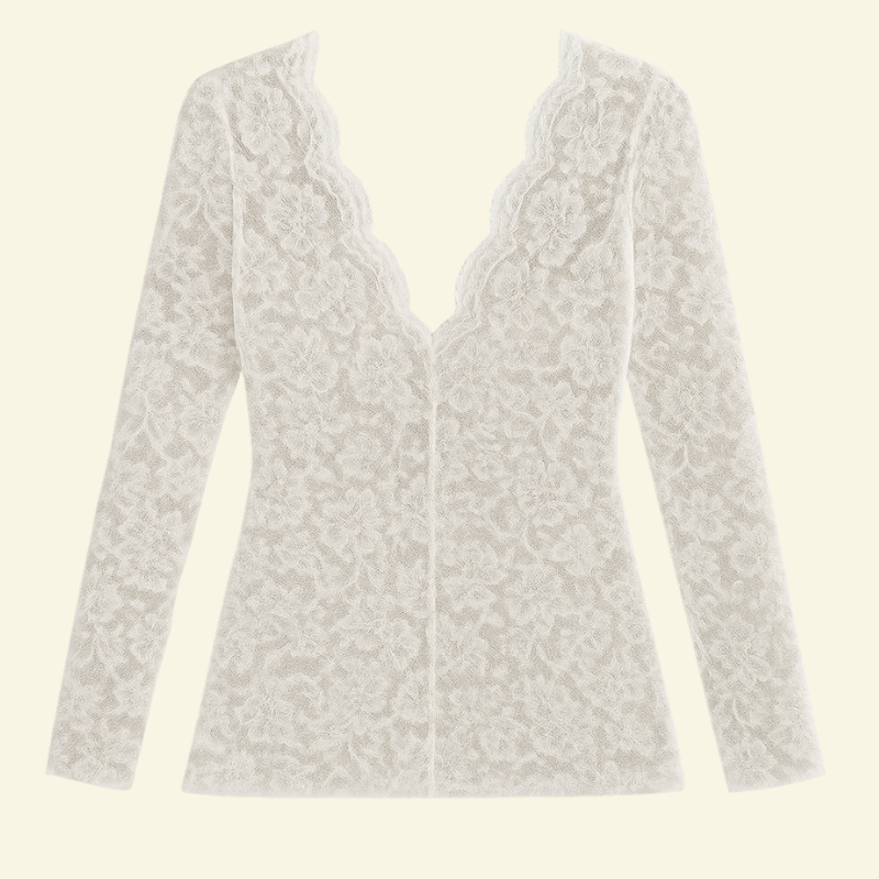 Damblus i spets med långa ärmar och V-ringning med vågig kant-Blouse for women-Fjallbarn