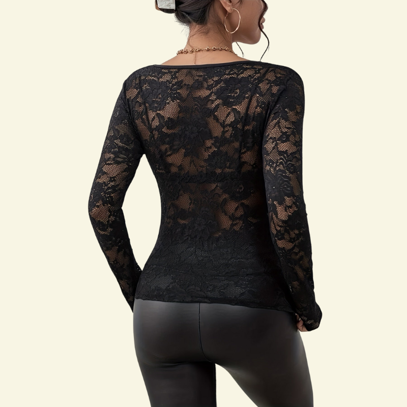 Damblus i spets med långa ärmar och V-ringning med vågig kant-Blouse for women-Fjallbarn