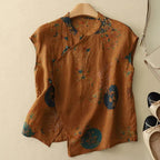 Damblus med kort ärm, blommönster, ståkrage och knappstängning-Blouse for women-Fjallbarn