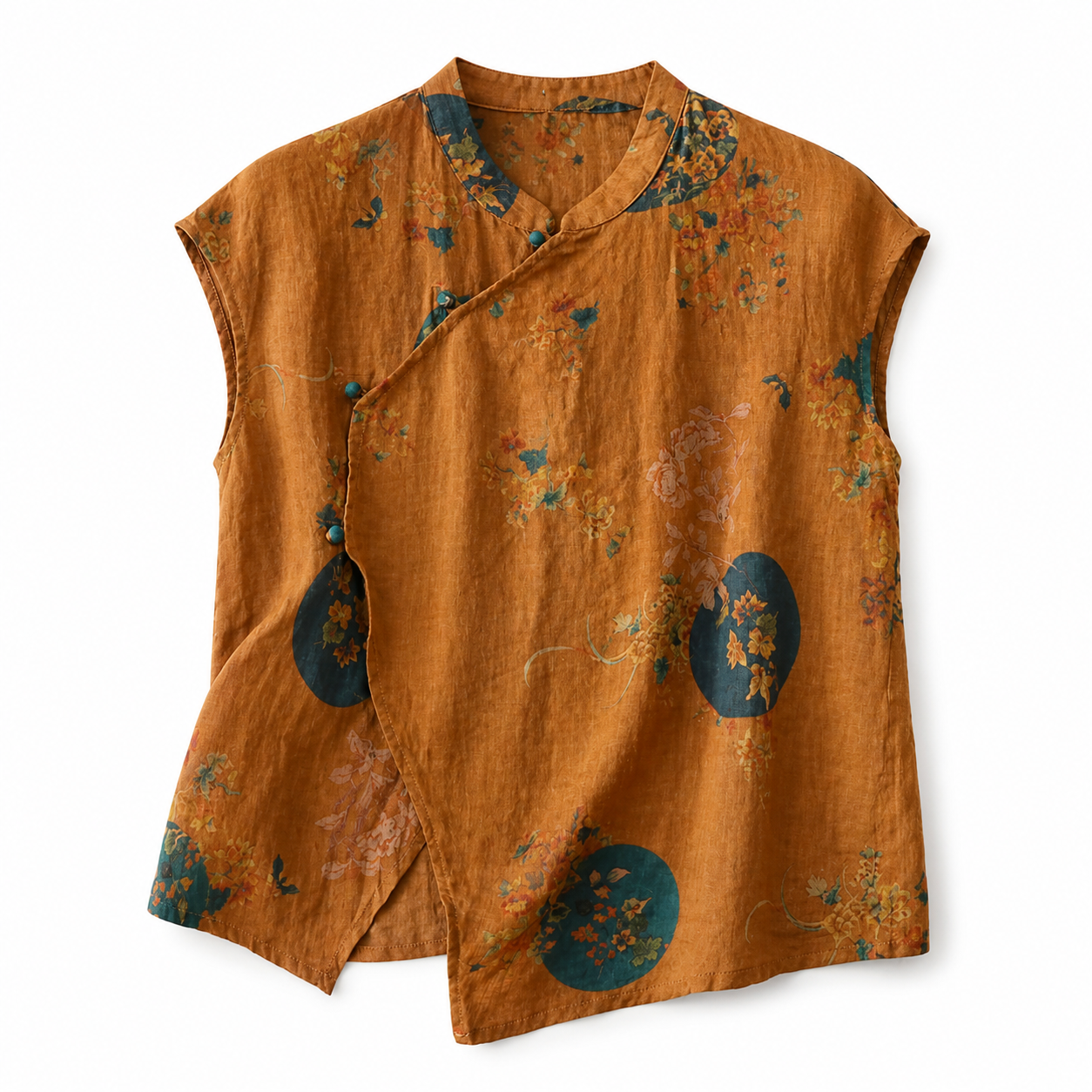 Damblus med kort ärm, blommönster, ståkrage och knappstängning-Blouse for women-Fjallbarn
