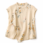 Damblus med kort ärm, blommönster, ståkrage och knappstängning-Blouse for women-Fjallbarn