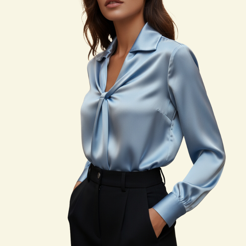 Damblus med långa ärmar och krage med draperad frontdetalj-Blouse for women-Fjallbarn