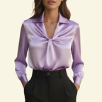 Damblus med långa ärmar och krage med draperad frontdetalj-Blouse for women-Fjallbarn