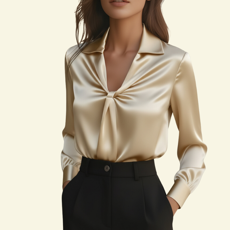 Damblus med långa ärmar och krage med draperad frontdetalj-Blouse for women-Fjallbarn