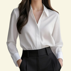 Damblus med långa ärmar och spetsig krage med dold knappslå-Blouse for women-Fjallbarn