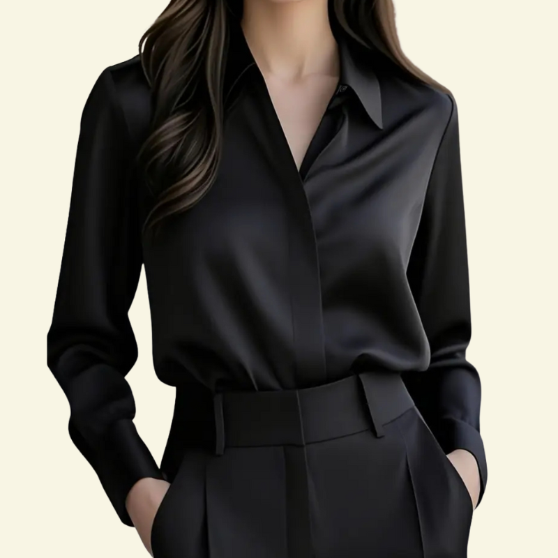 Damblus med långa ärmar och spetsig krage med dold knappslå-Blouse for women-Fjallbarn