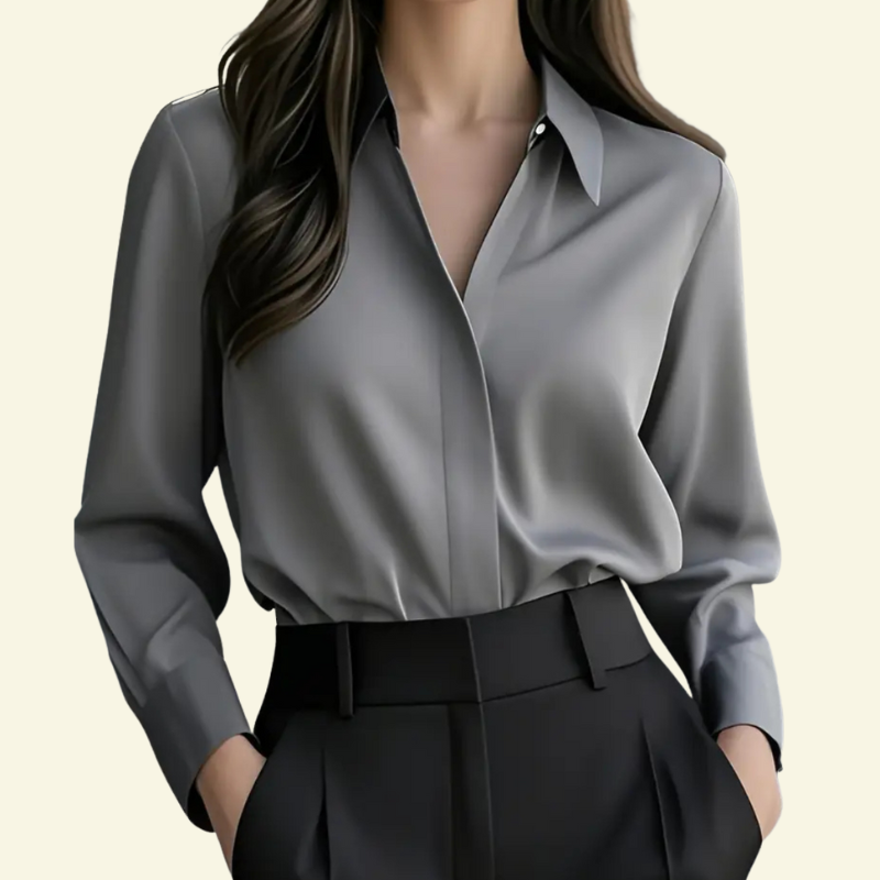 Damblus med långa ärmar och spetsig krage med dold knappslå-Blouse for women-Fjallbarn