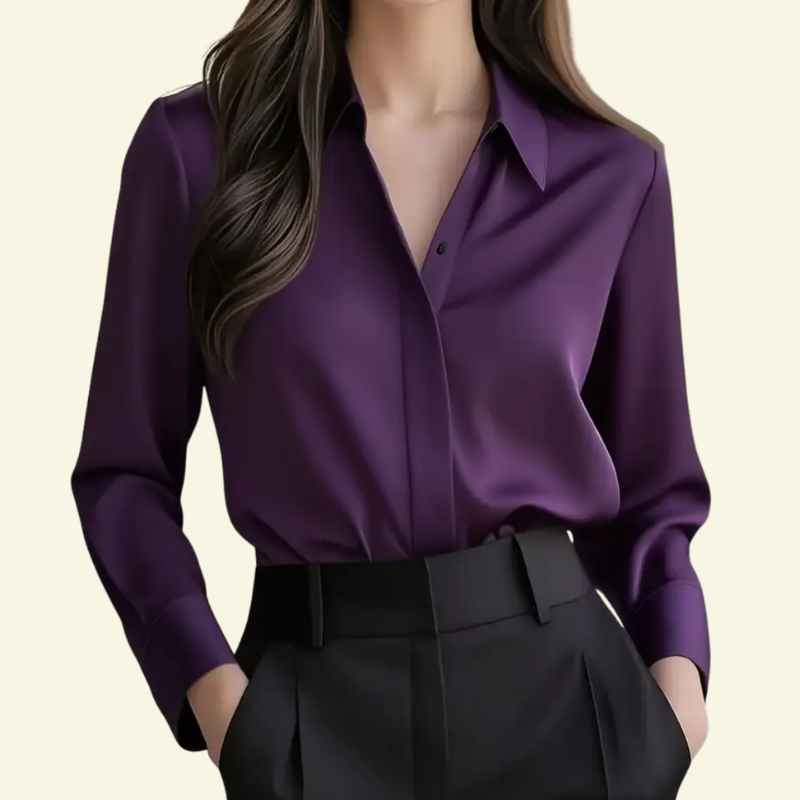 Damblus med långa ärmar och spetsig krage med dold knappslå-Blouse for women-Fjallbarn