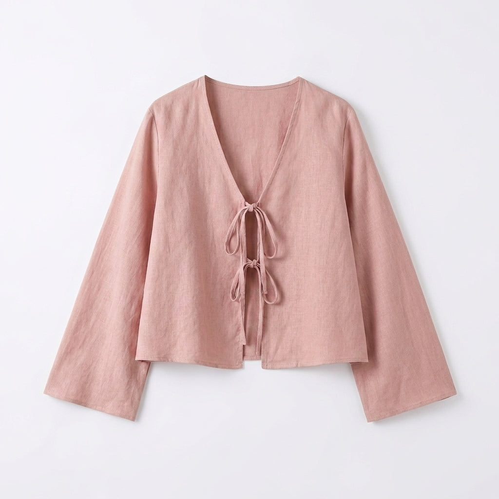 Damblus med V-ringning, knytstängning fram och vida ärmar-Blouse for women-Fjallbarn