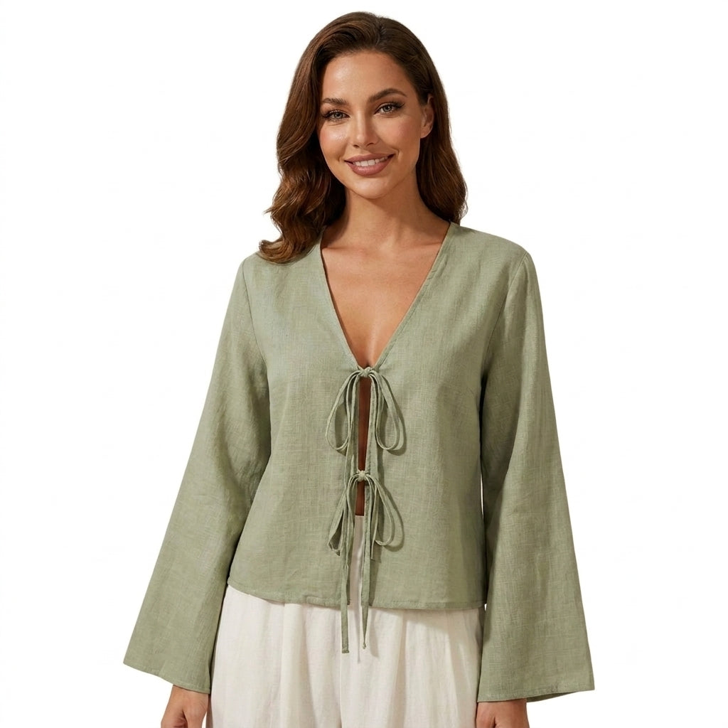 Damblus med V-ringning, knytstängning fram och vida ärmar-Blouse for women-Fjallbarn