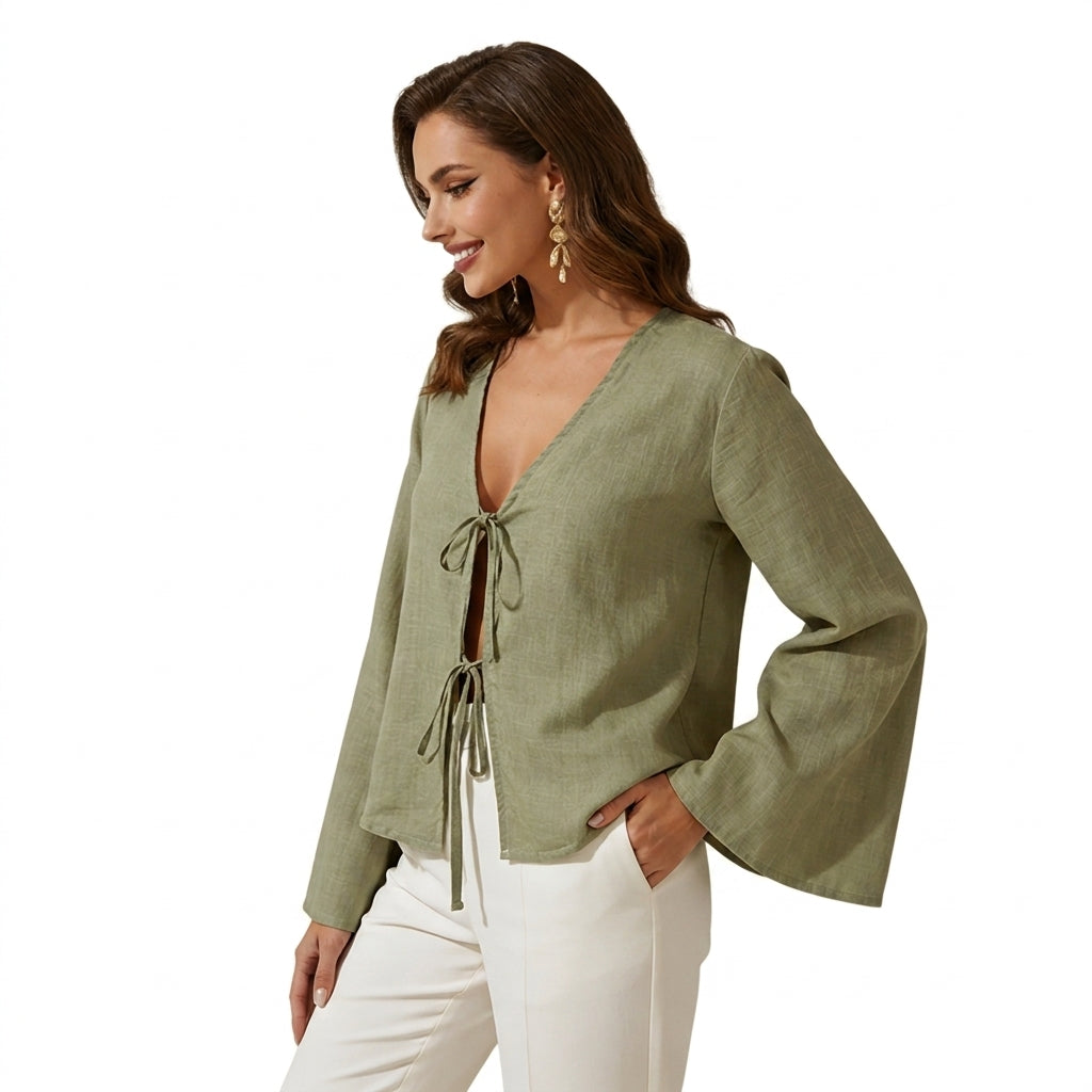 Damblus med V-ringning, knytstängning fram och vida ärmar-Blouse for women-Fjallbarn