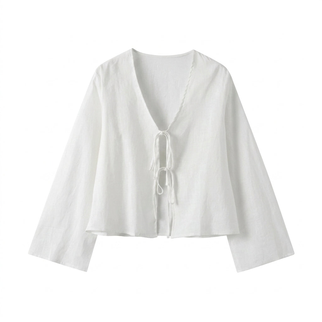Damblus med V-ringning, knytstängning fram och vida ärmar-Blouse for women-Fjallbarn