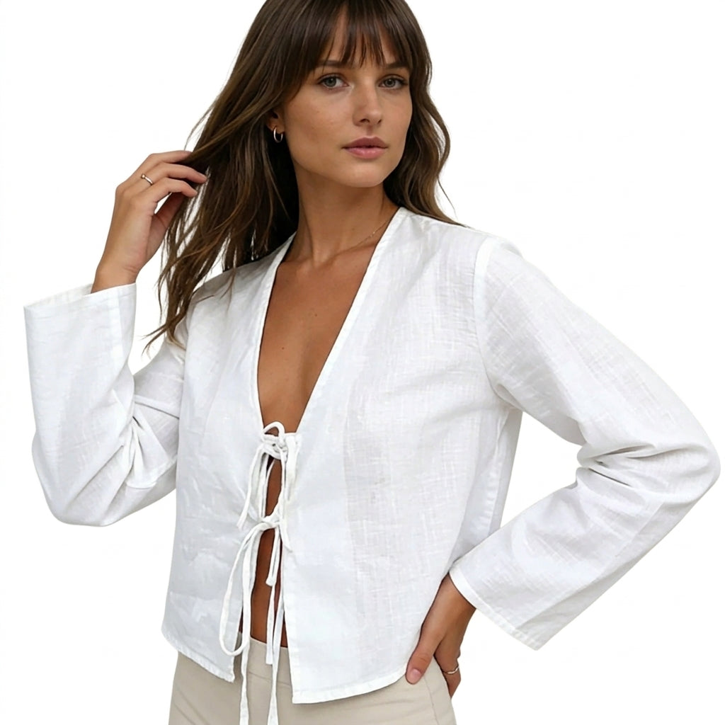 Damblus med V-ringning, knytstängning fram och vida ärmar-Blouse for women-Fjallbarn