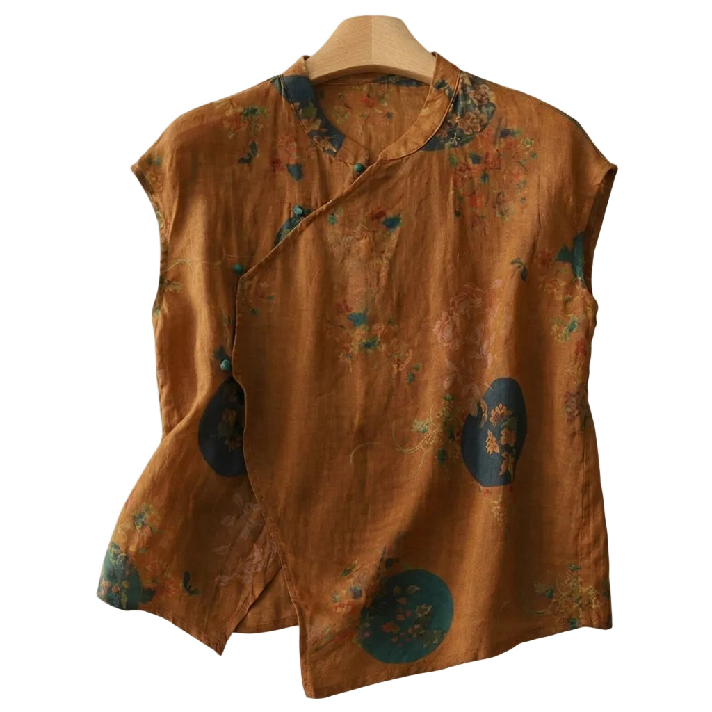 Damernas ärmlösa blus med kinakrage och asymmetrisk knäppning-Blouse for women-Fjallbarn