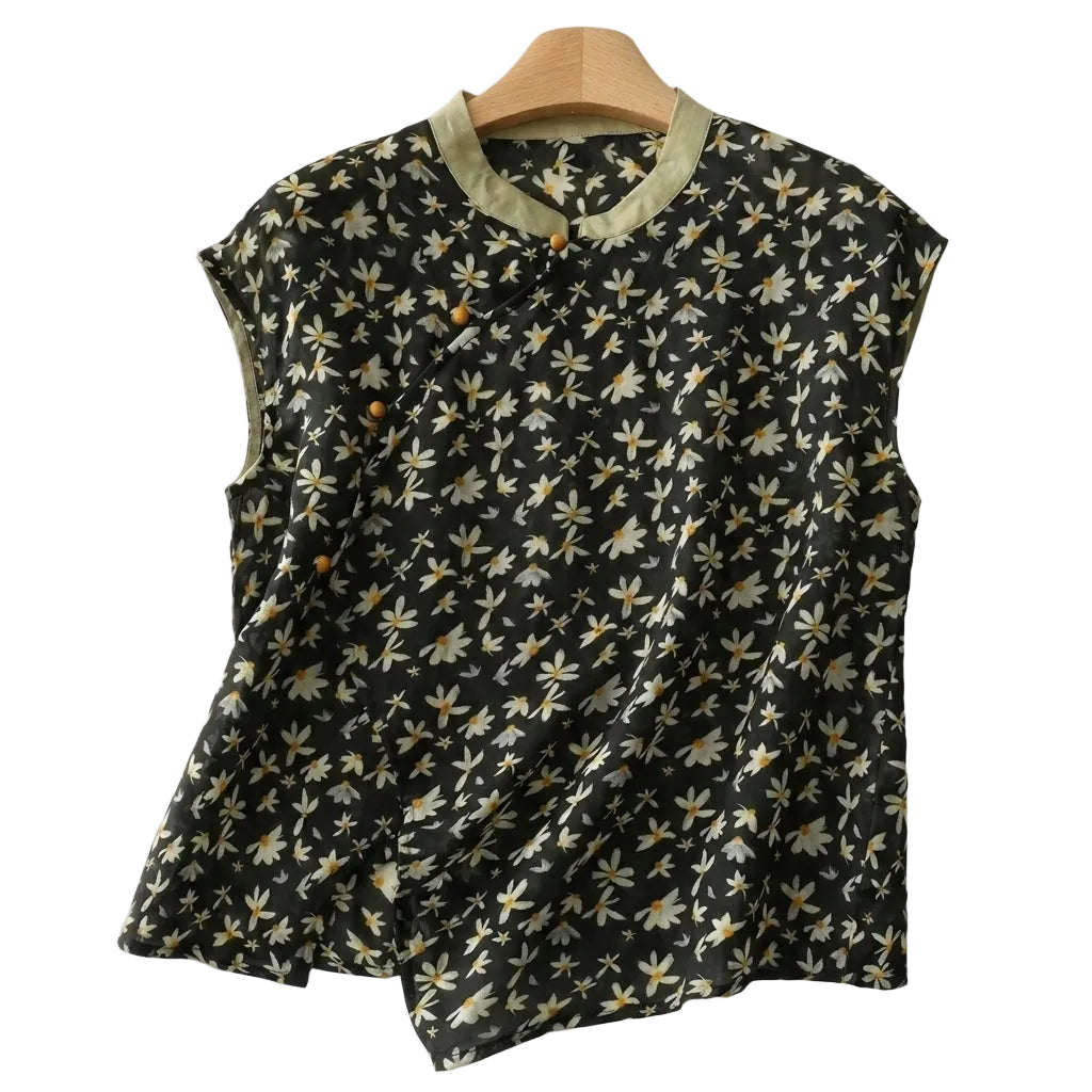 Damernas ärmlösa blus med kinakrage och asymmetrisk knäppning-Blouse for women-Fjallbarn