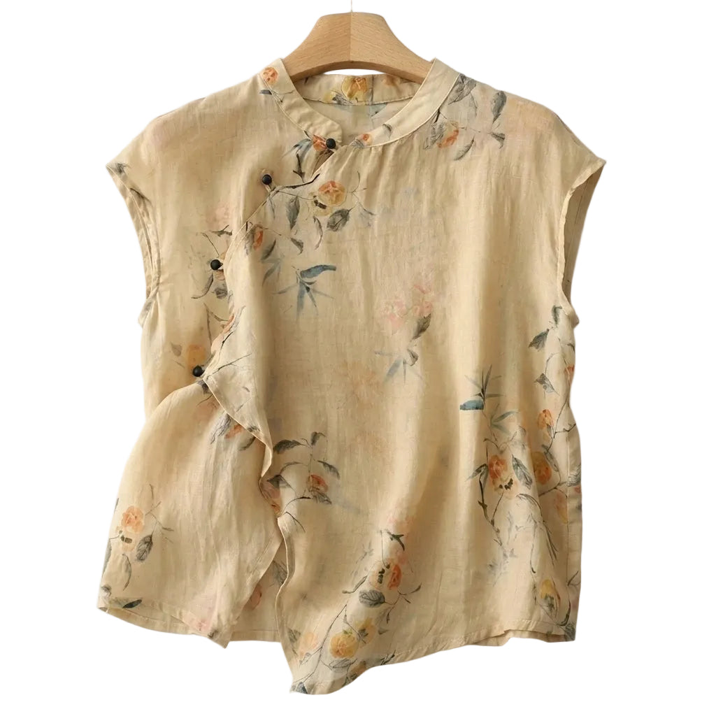 Damernas ärmlösa blus med kinakrage och asymmetrisk knäppning-Blouse for women-Fjallbarn