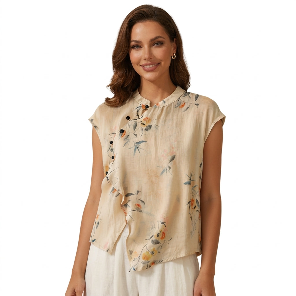 Damernas ärmlösa blus med kinakrage och asymmetrisk knäppning-Blouse for women-Fjallbarn
