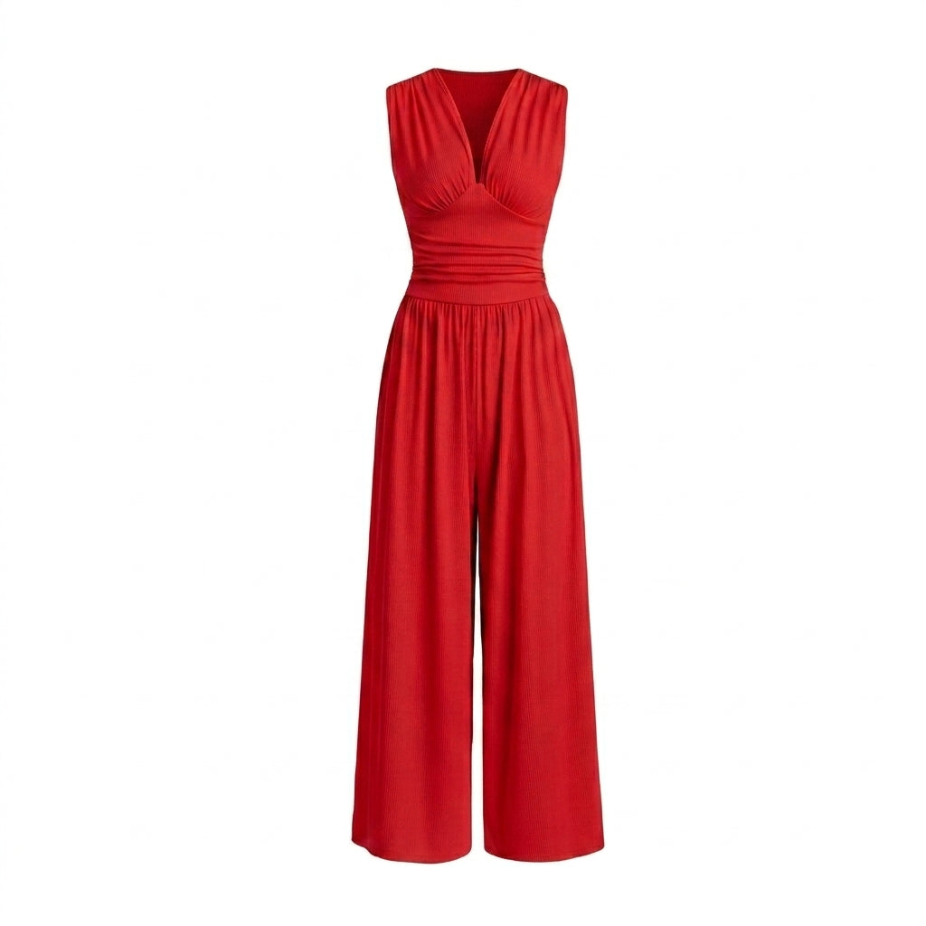 Damernas ärmlösa jumpsuit med v-ringning och vida ben-Jumpsuits for women-Fjallbarn