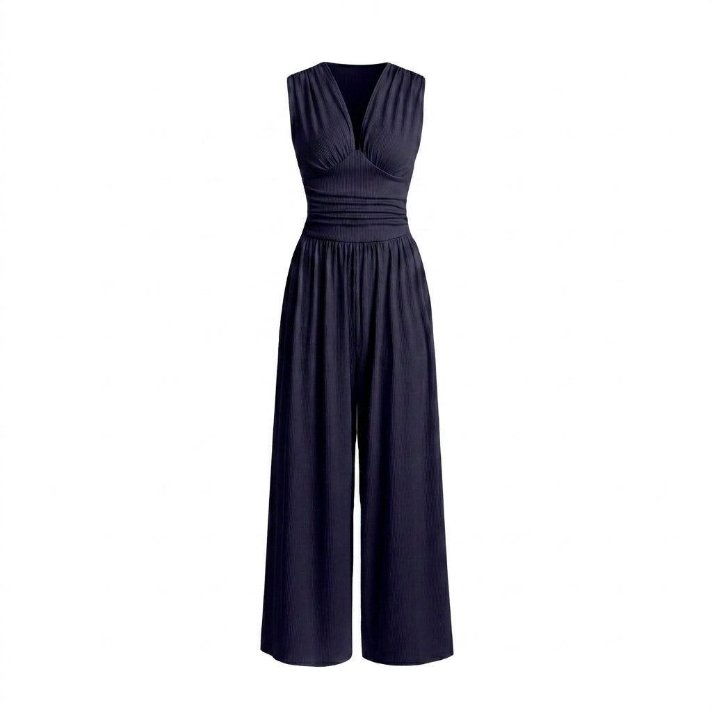 Damernas ärmlösa jumpsuit med v-ringning och vida ben-Jumpsuits for women-Fjallbarn