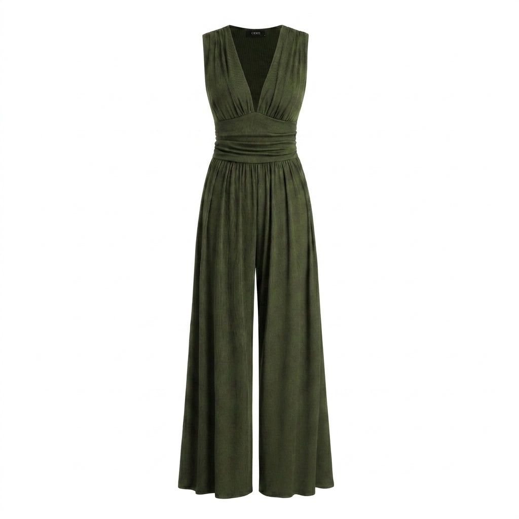 Damernas ärmlösa jumpsuit med v-ringning och vida ben-Jumpsuits for women-Fjallbarn