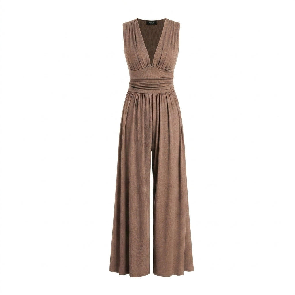 Damernas ärmlösa jumpsuit med v-ringning och vida ben-Jumpsuits for women-Fjallbarn