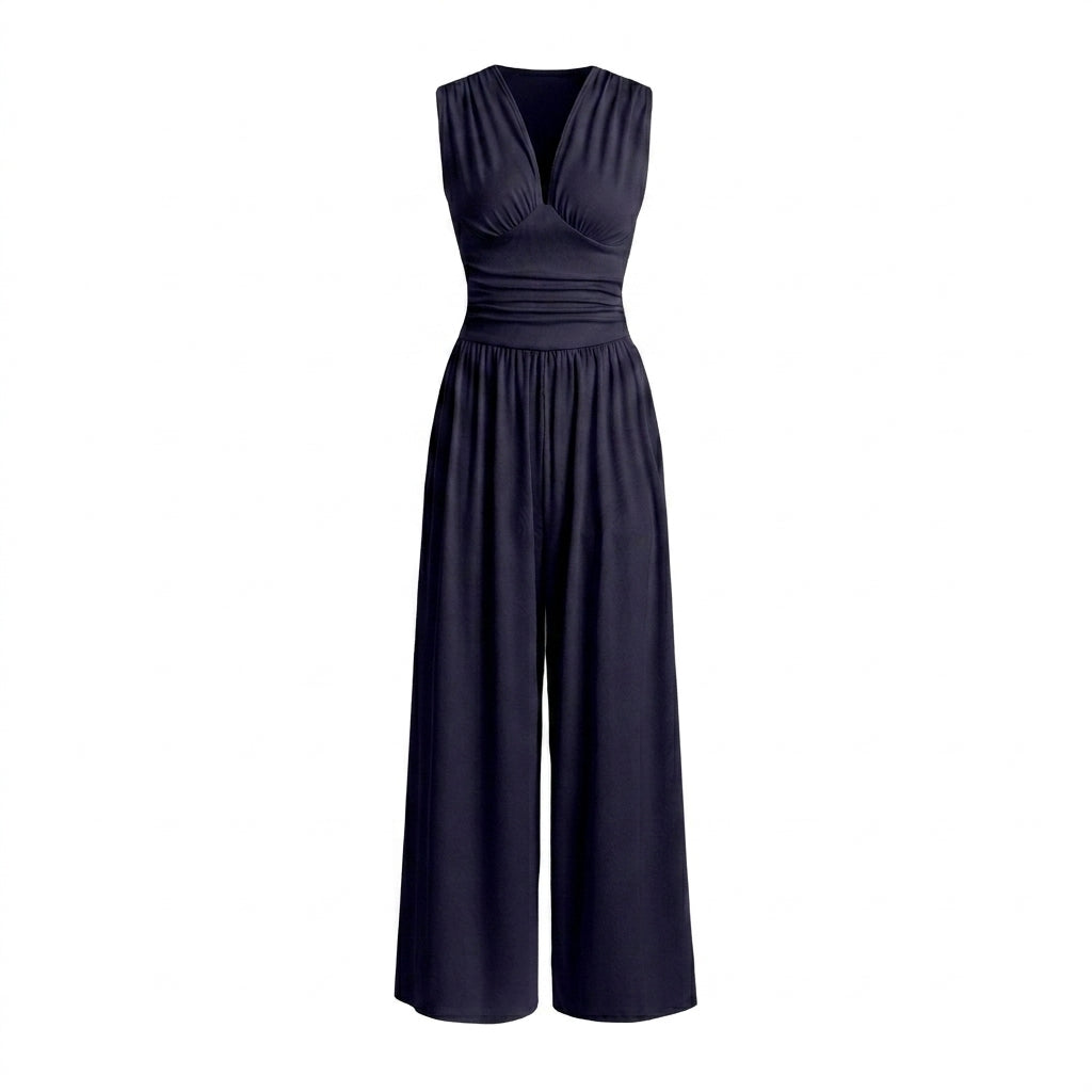Damernas ärmlösa jumpsuit med v-ringning och vida ben-Jumpsuits for women-Fjallbarn
