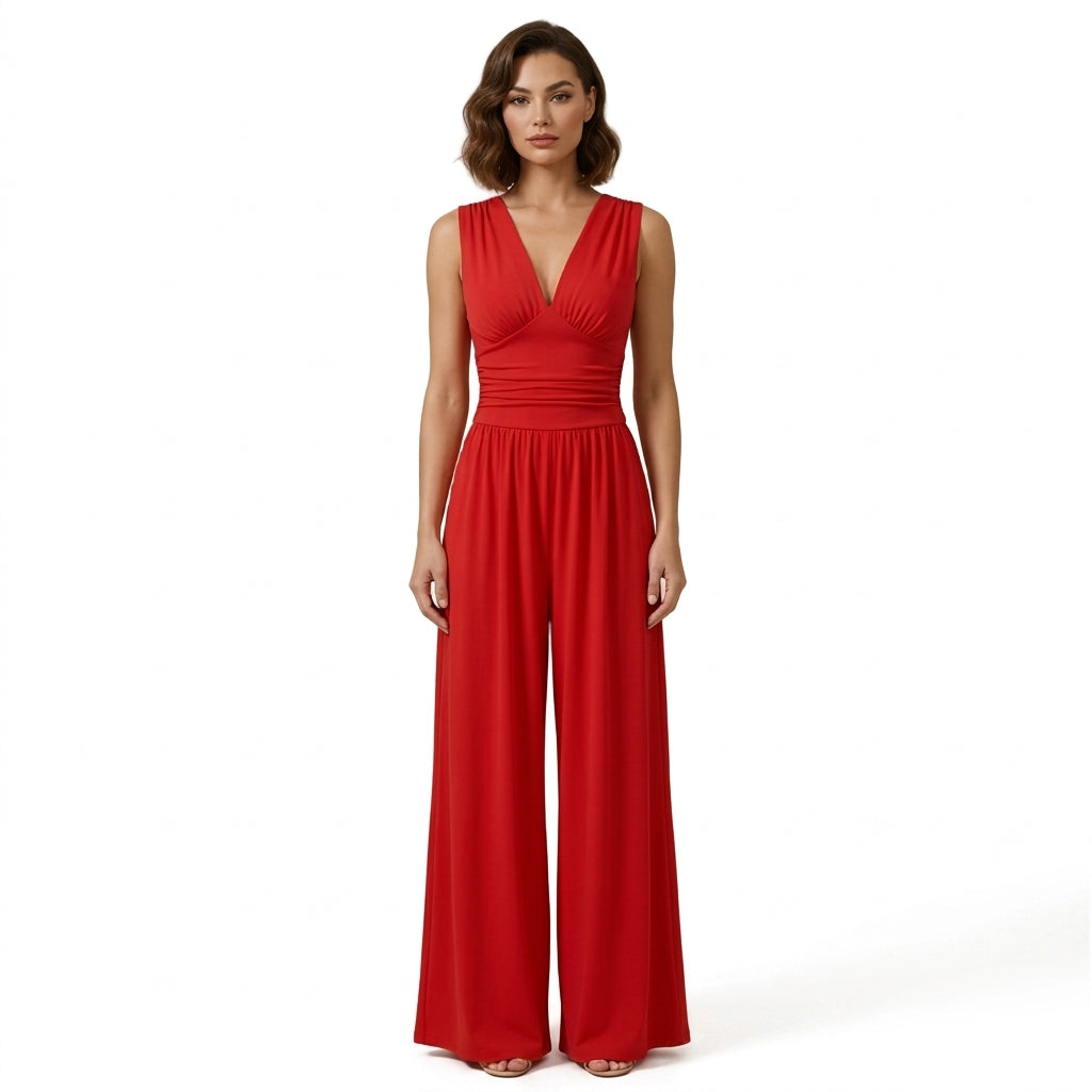 Damernas ärmlösa jumpsuit med v-ringning och vida ben-Jumpsuits for women-Fjallbarn