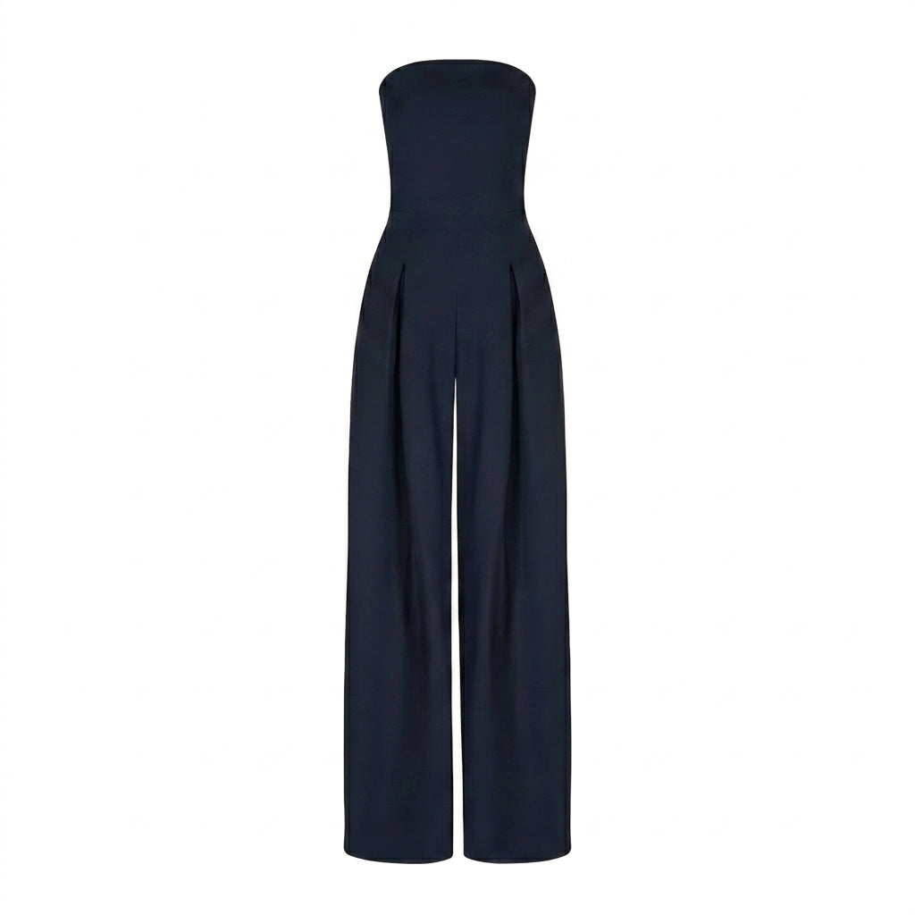 Damernas axelbandslösa jumpsuit med vida ben och frontveck-Jumpsuits for women-Fjallbarn