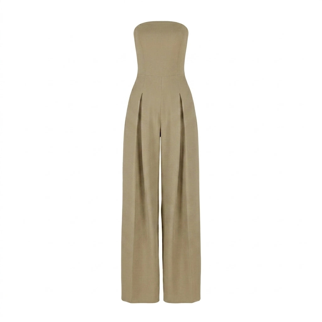 Damernas axelbandslösa jumpsuit med vida ben och frontveck-Jumpsuits for women-Fjallbarn