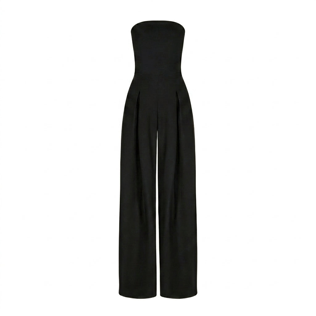 Damernas axelbandslösa jumpsuit med vida ben och frontveck-Jumpsuits for women-Fjallbarn