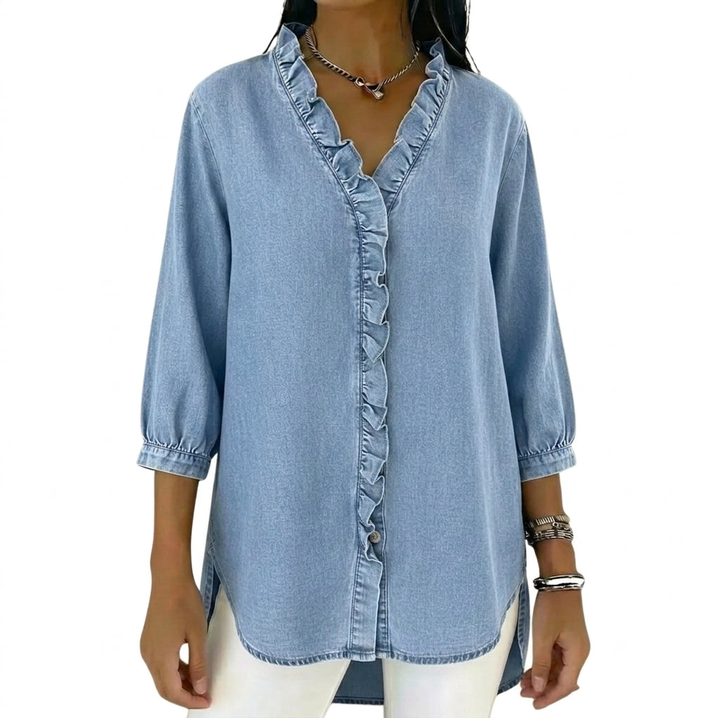 Damernas blus med volangdetaljer och trekvartslånga ärmar-Blouse for women-Fjallbarn
