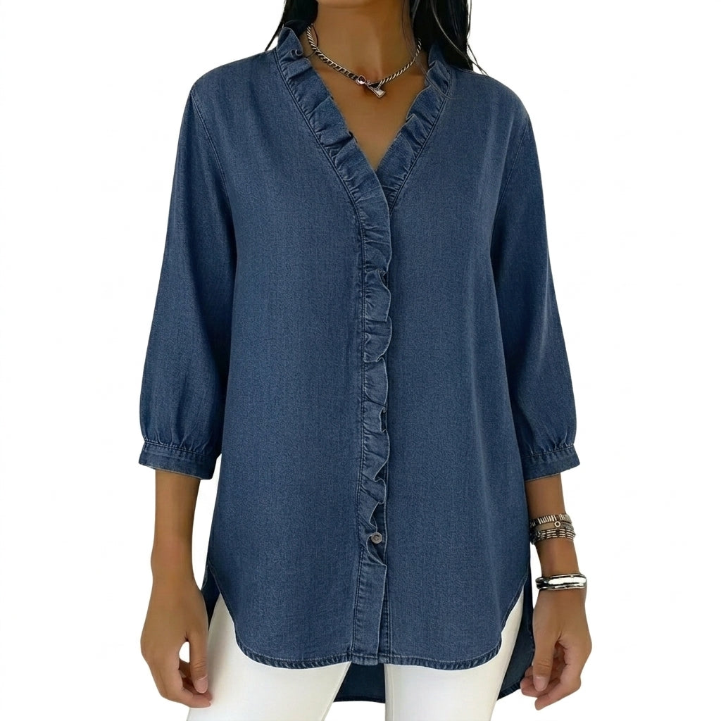 Damernas blus med volangdetaljer och trekvartslånga ärmar-Blouse for women-Fjallbarn