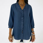 Damernas blus med volangdetaljer och trekvartslånga ärmar-Blouse for women-Fjallbarn