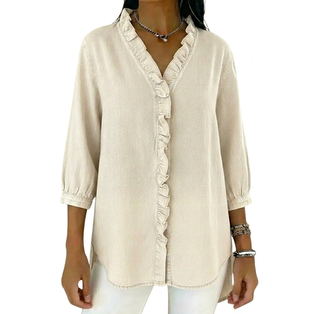 Damernas blus med volangdetaljer och trekvartslånga ärmar-Blouse for women-Fjallbarn