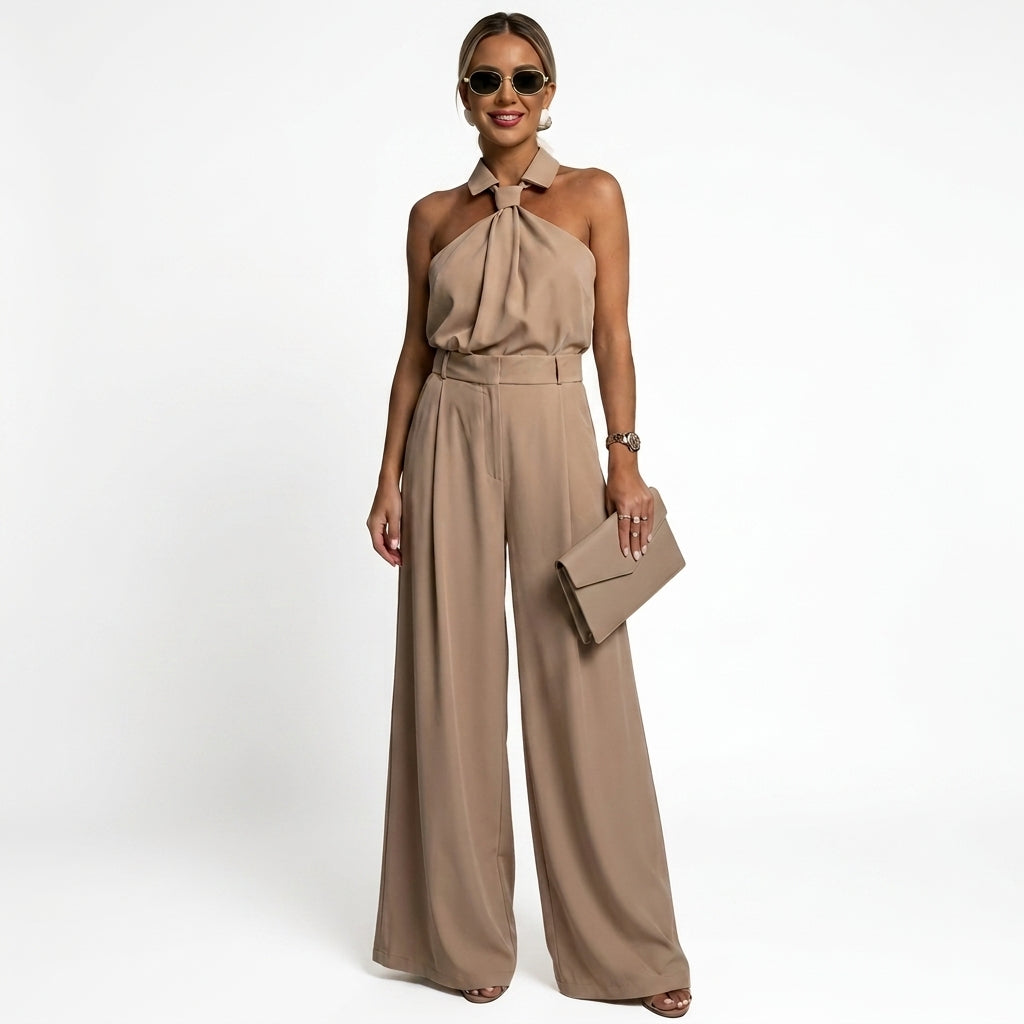 Damernas byxdress med halterneck, krage och vida ben-Jumpsuits for women-Fjallbarn