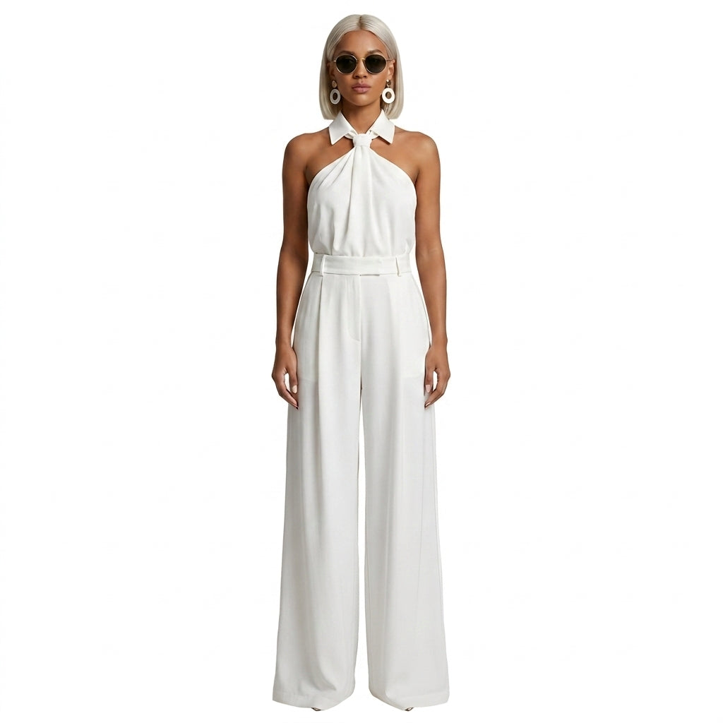Damernas byxdress med halterneck, krage och vida ben-Jumpsuits for women-Fjallbarn