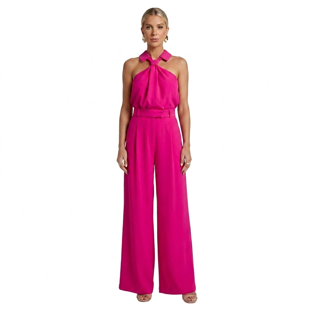Damernas byxdress med halterneck, krage och vida ben-Jumpsuits for women-Fjallbarn