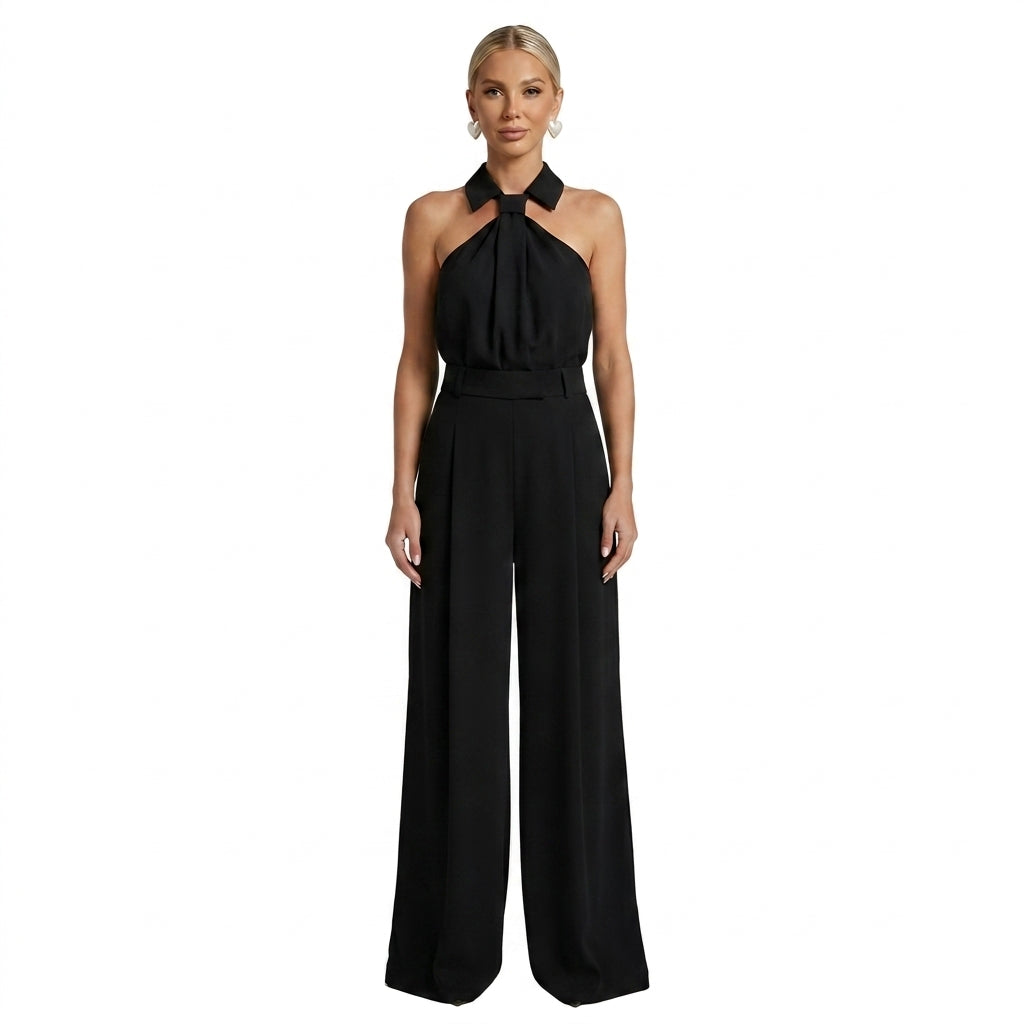 Damernas byxdress med halterneck, krage och vida ben-Jumpsuits for women-Fjallbarn