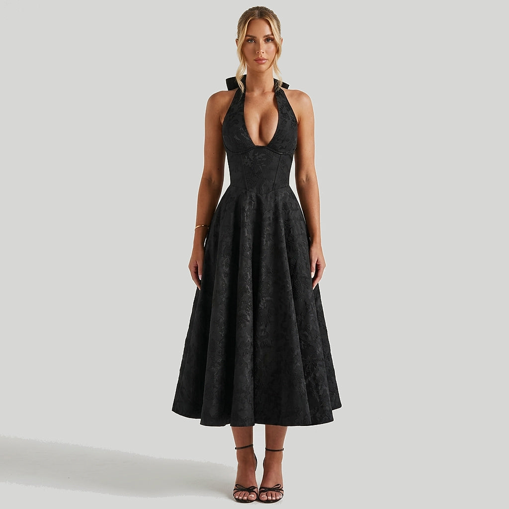 Damernas halterneckklänning med korsettliv och utställd midikjol och rosett-Midi Dress-Fjallbarn
