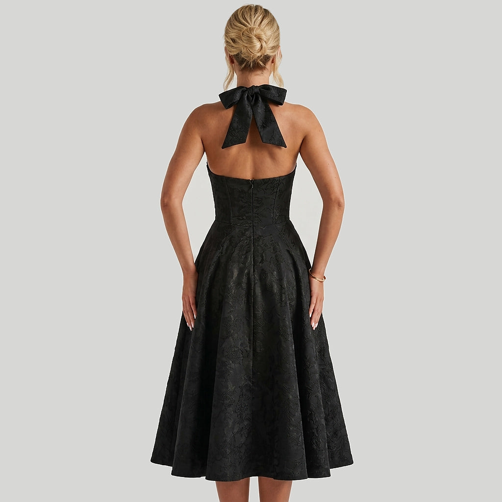Damernas halterneckklänning med korsettliv och utställd midikjol och rosett-Midi Dress-Fjallbarn