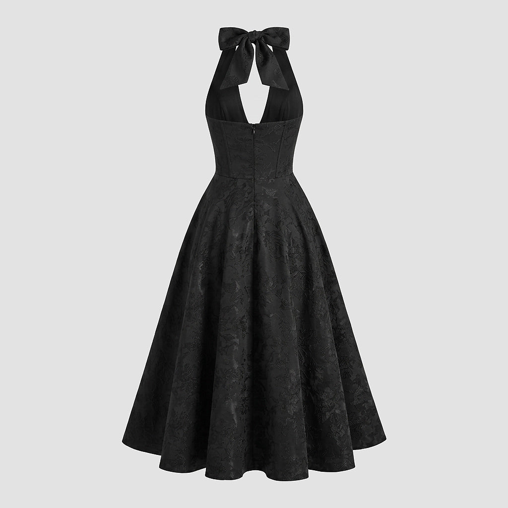 Damernas halterneckklänning med korsettliv och utställd midikjol och rosett-Midi Dress-Fjallbarn