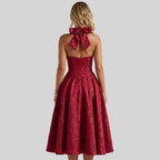 Damernas halterneckklänning med korsettliv och utställd midikjol och rosett-Midi Dress-Fjallbarn
