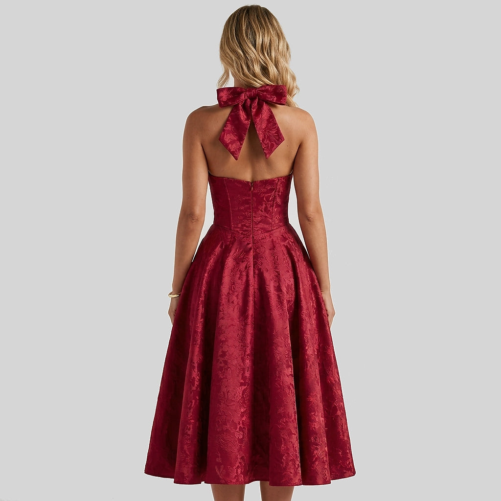 Damernas halterneckklänning med korsettliv och utställd midikjol och rosett-Midi Dress-Fjallbarn
