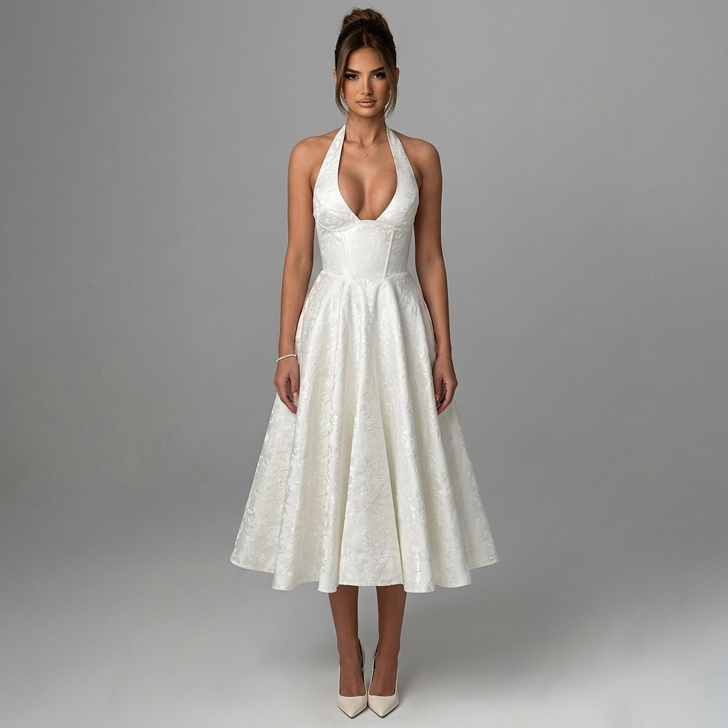 Damernas halterneckklänning med korsettliv och utställd midikjol och rosett-Midi Dress-Fjallbarn