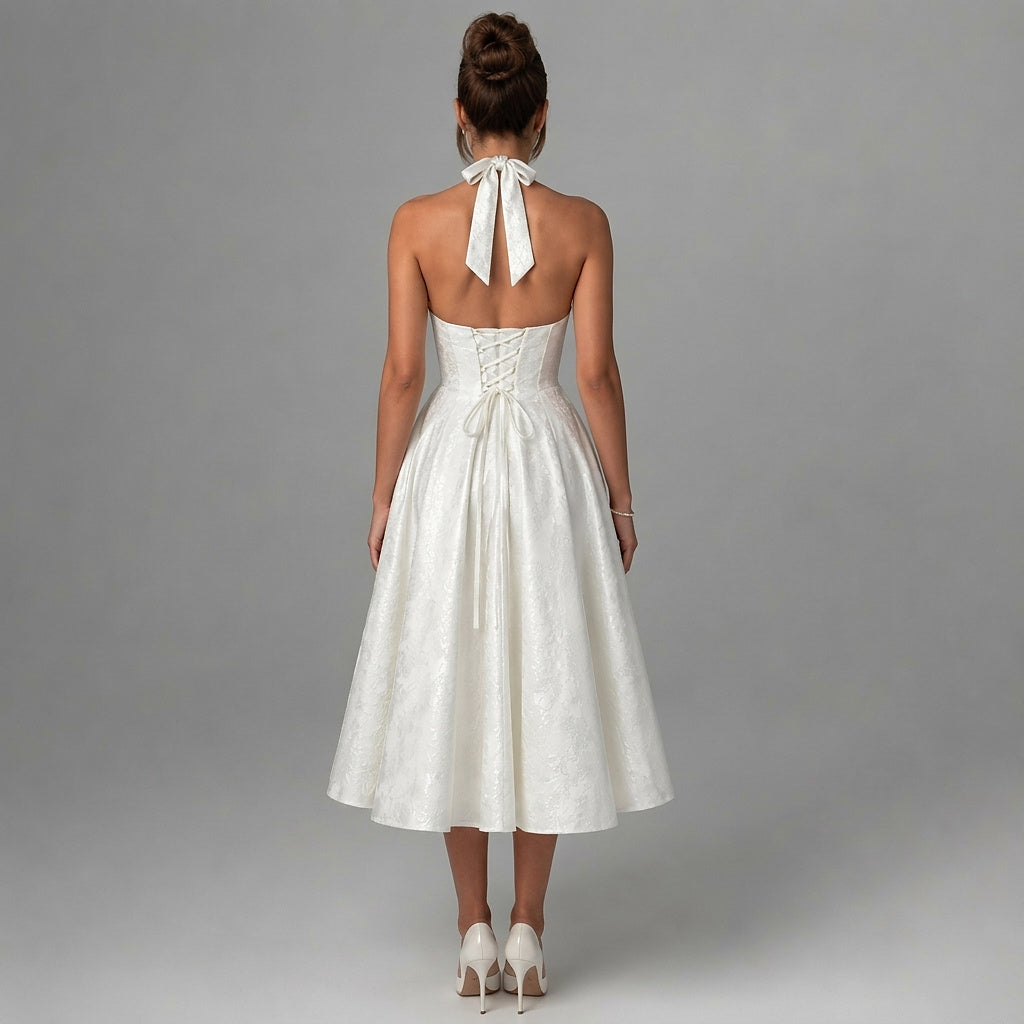 Damernas halterneckklänning med korsettliv och utställd midikjol och rosett-Midi Dress-Fjallbarn
