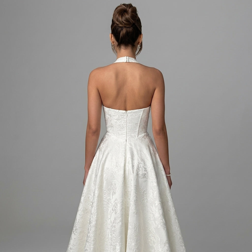 Damernas halterneckklänning med korsettliv och utställd midikjol och rosett-Midi Dress-Fjallbarn