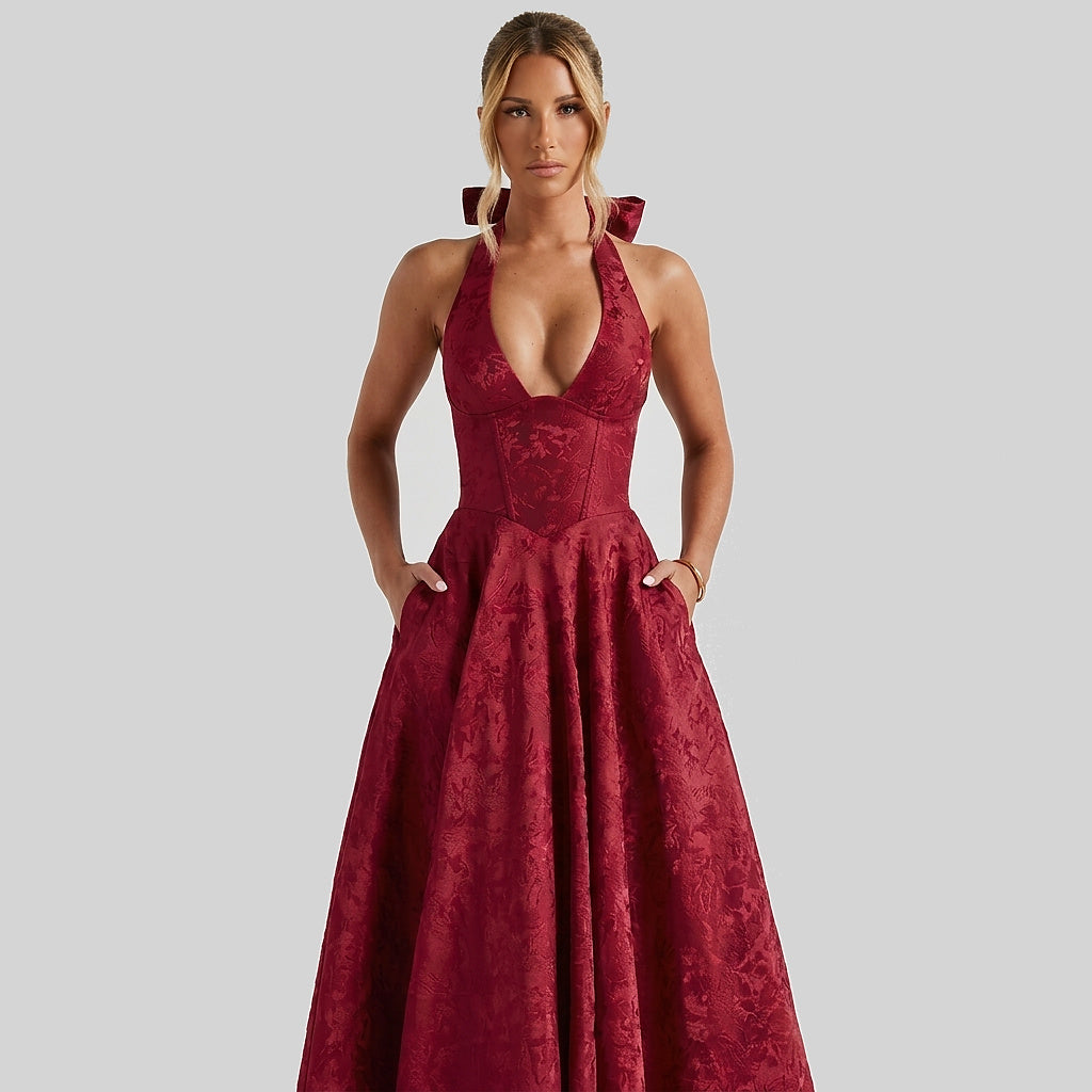 Damernas halterneckklänning med korsettliv och utställd midikjol och rosett-Midi Dress-Fjallbarn