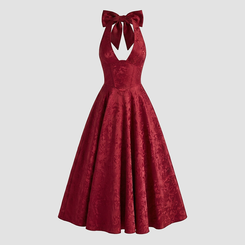 Damernas halterneckklänning med korsettliv och utställd midikjol och rosett-Midi Dress-Fjallbarn